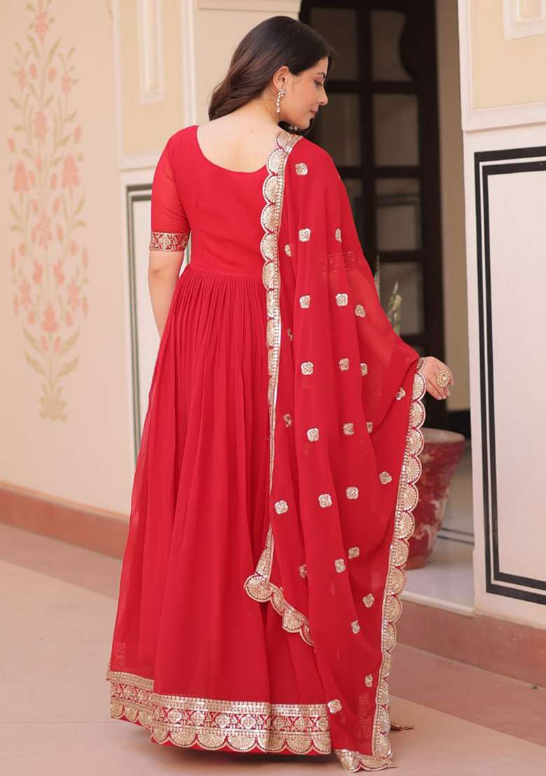 Red Embroidered Faux Blooming Gwon Set - Indya