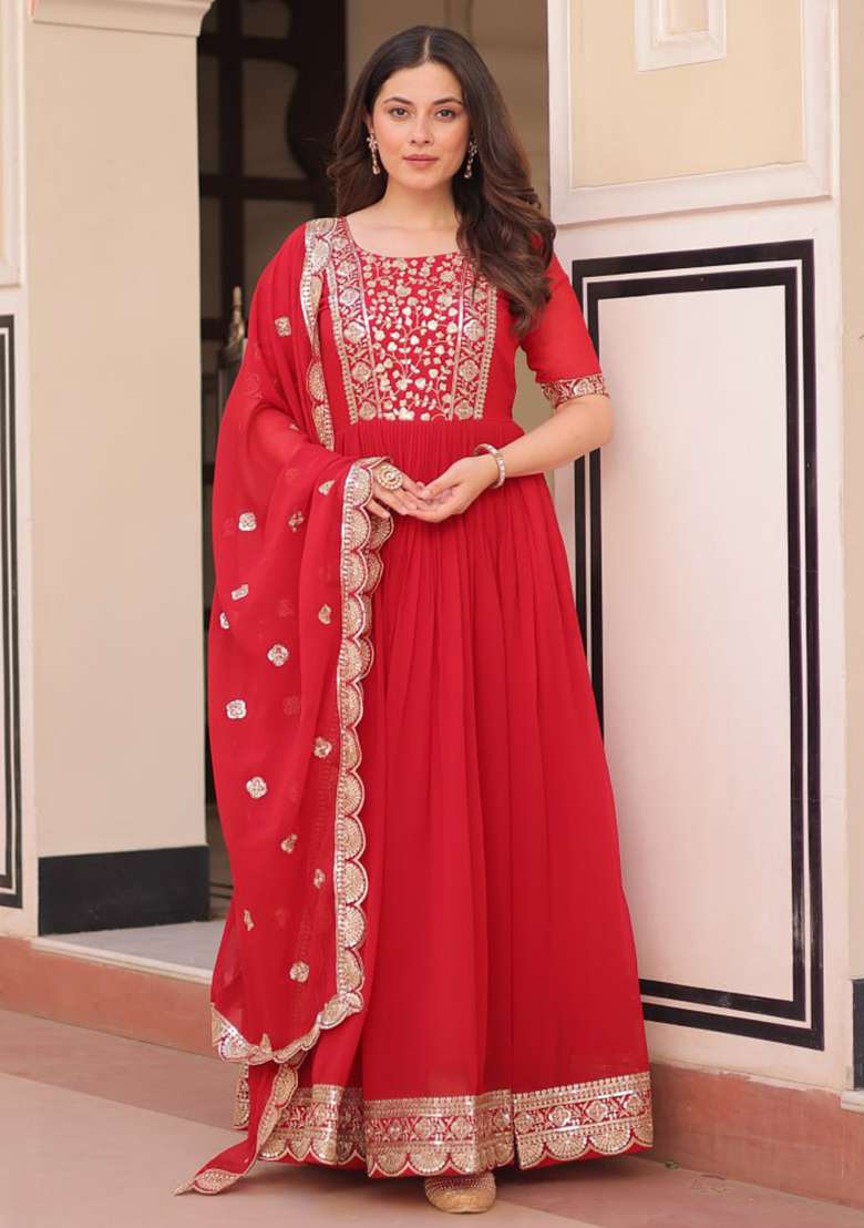 Red Embroidered Faux Blooming Gwon Set - Indya