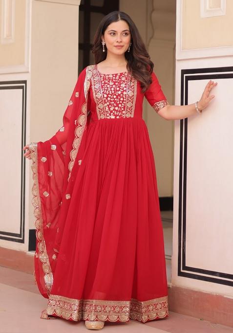 Red Embroidered Faux Blooming Gwon Set