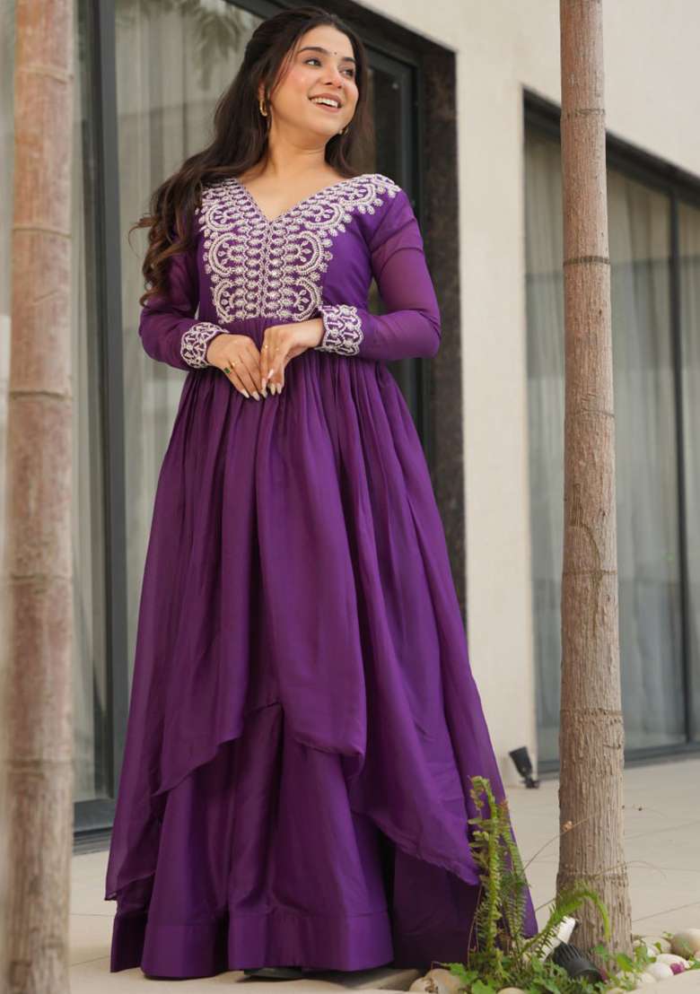 Purple Embroidered Star Georgette Gwon Set - Indya