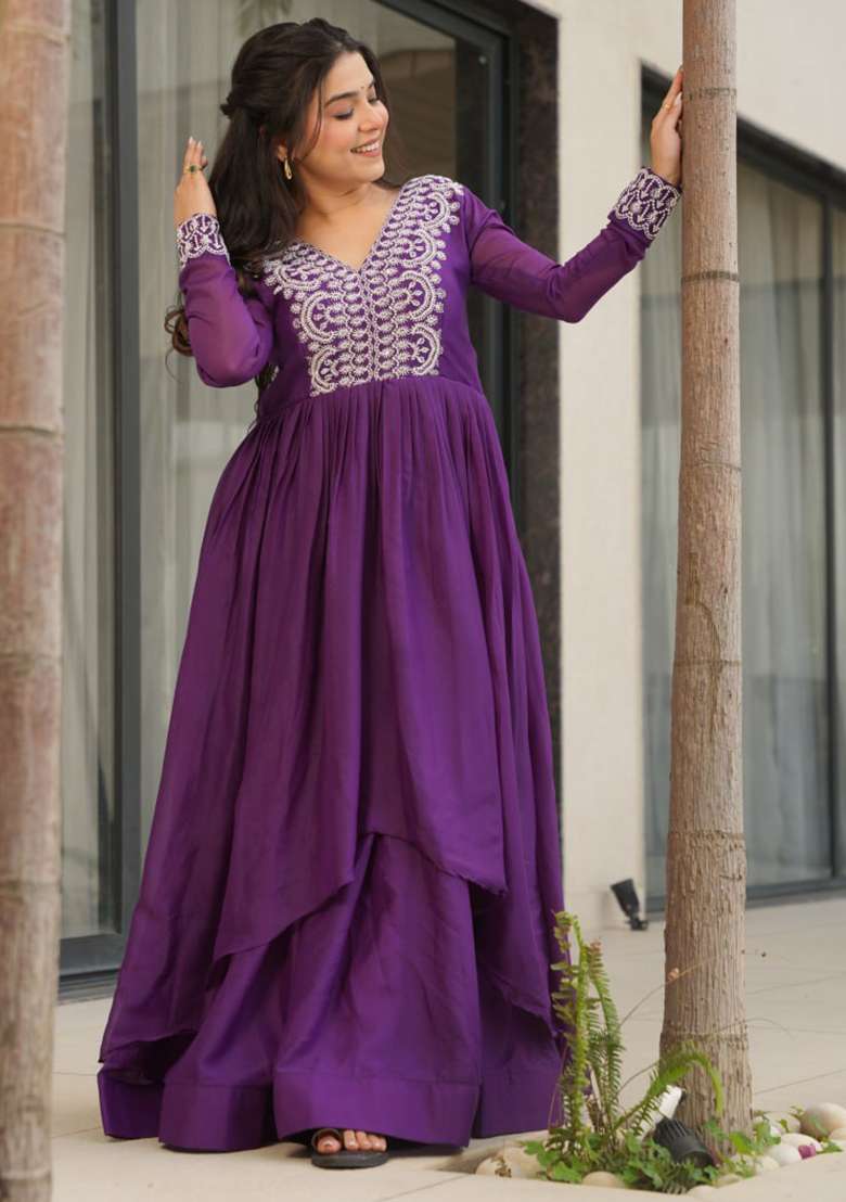 Purple Embroidered Star Georgette Gwon Set - Indya