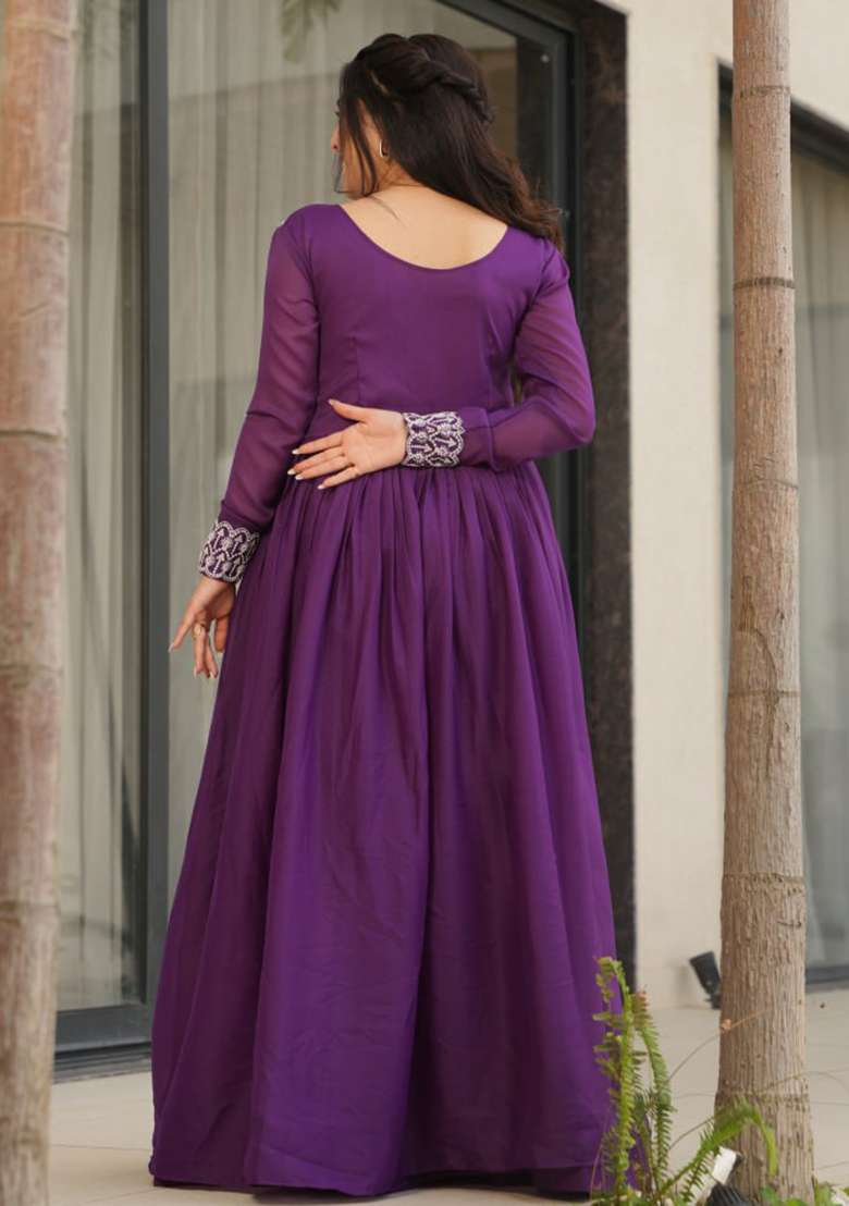 Purple Embroidered Star Georgette Gwon Set - Indya