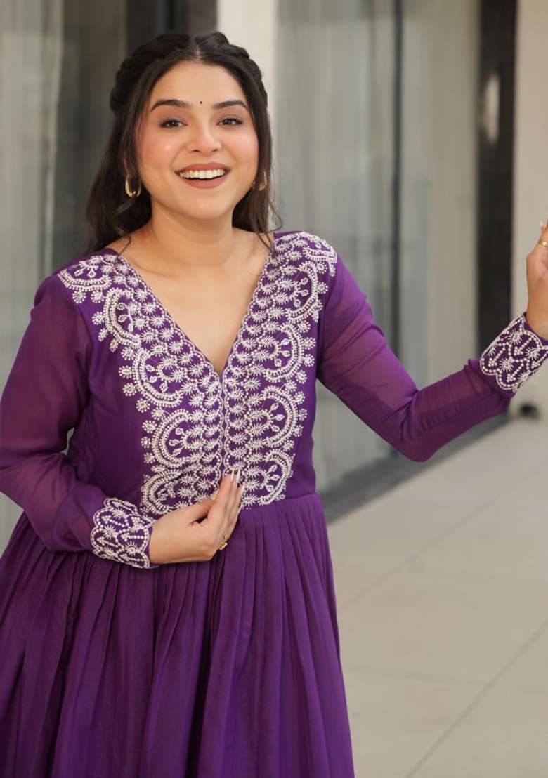 Purple Embroidered Star Georgette Gwon Set - Indya