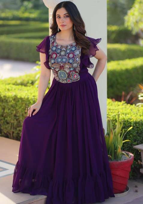 Buy Women Purple Embroidered Faux Blooming Gwon Set - XLH56152 - Eid ...