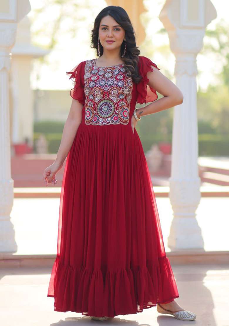 Maroon Embroidered Faux Blooming Gwon Set - Indya