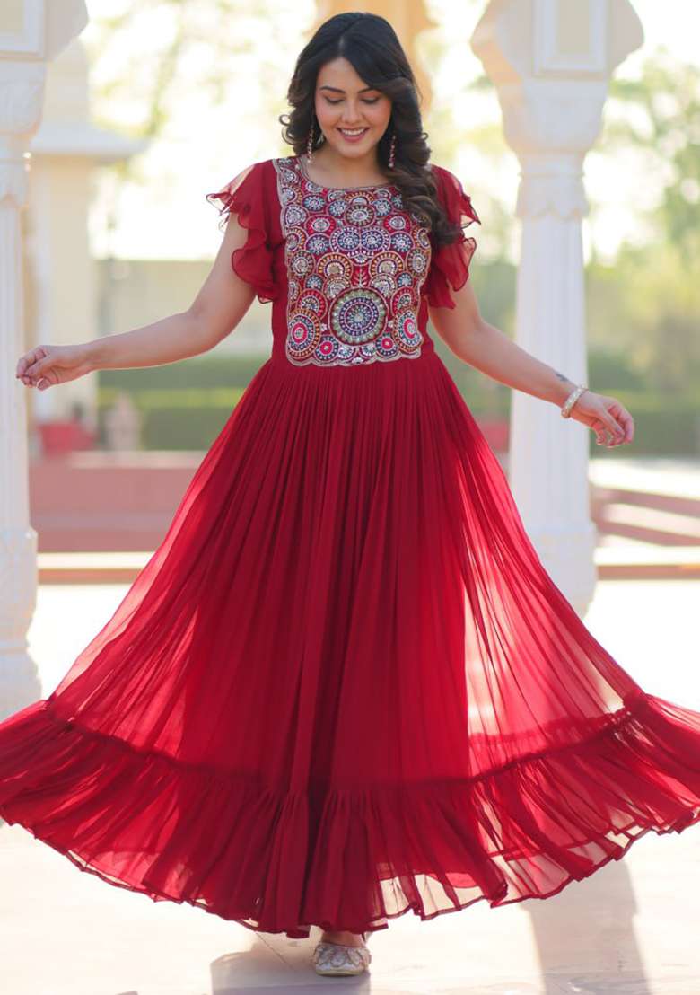 Maroon Embroidered Faux Blooming Gwon Set - Indya