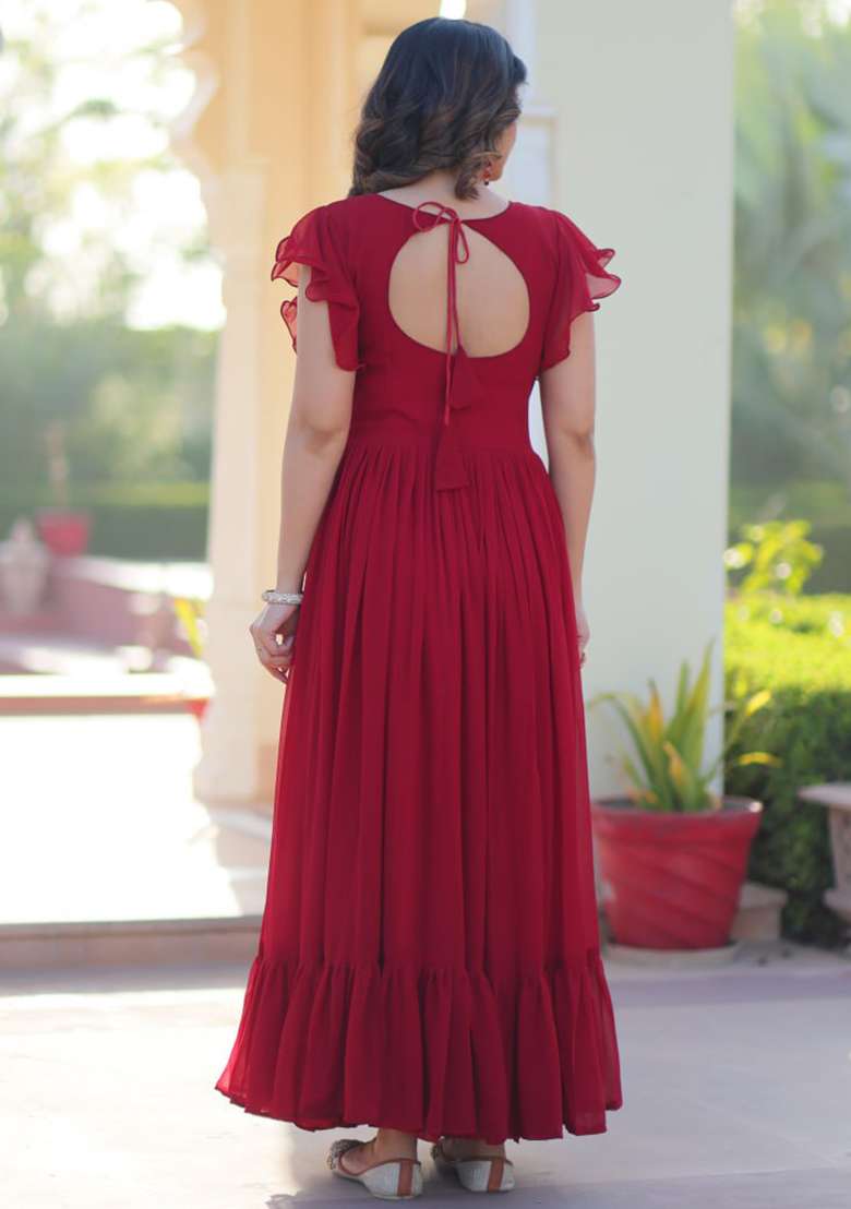 Maroon Embroidered Faux Blooming Gwon Set - Indya
