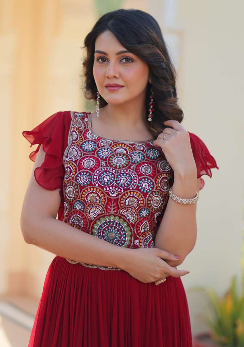 Maroon Embroidered Faux Blooming Gwon Set - Indya