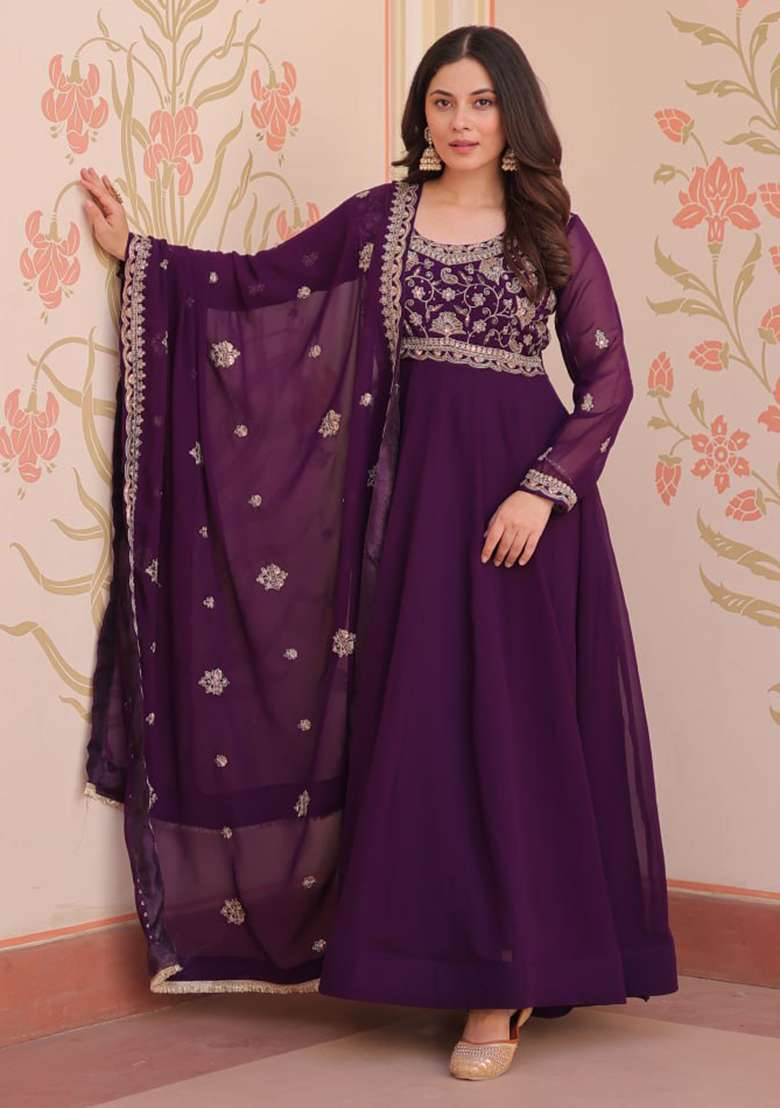 Wine Embroidered Faux Blooming Gwon Set - Indya