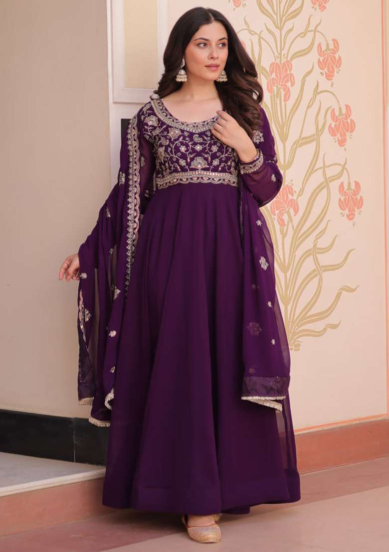 Wine Embroidered Faux Blooming Gwon Set - Indya