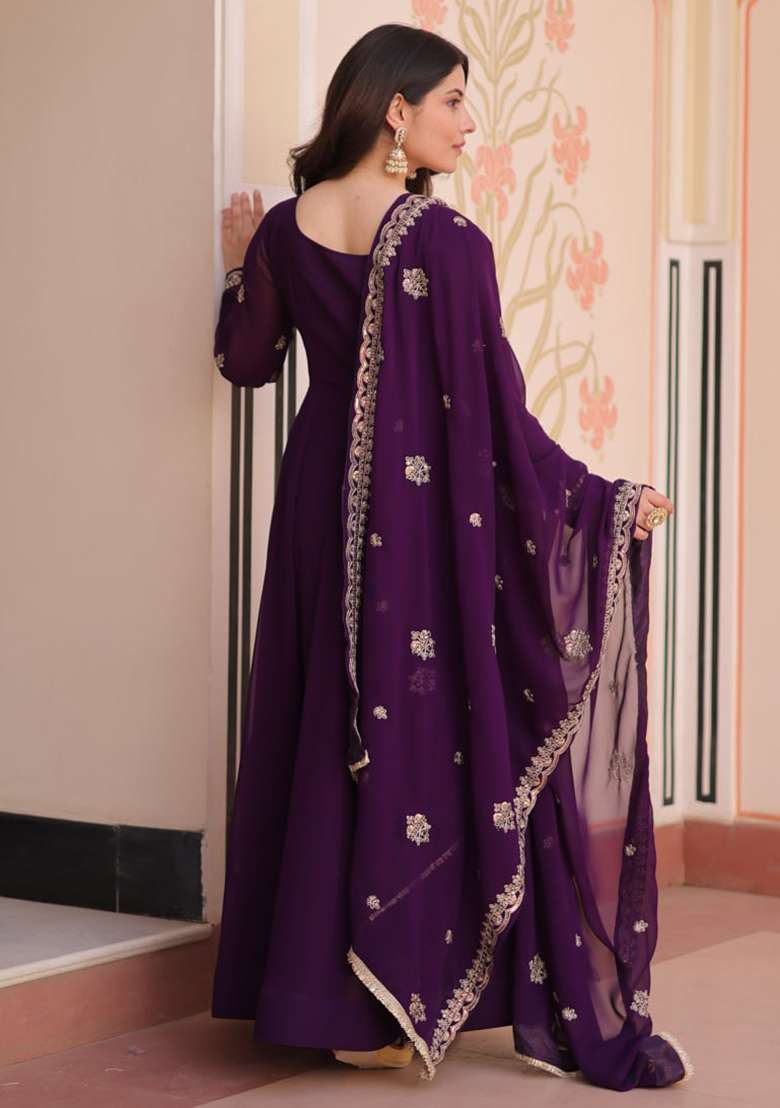 Wine Embroidered Faux Blooming Gwon Set - Indya