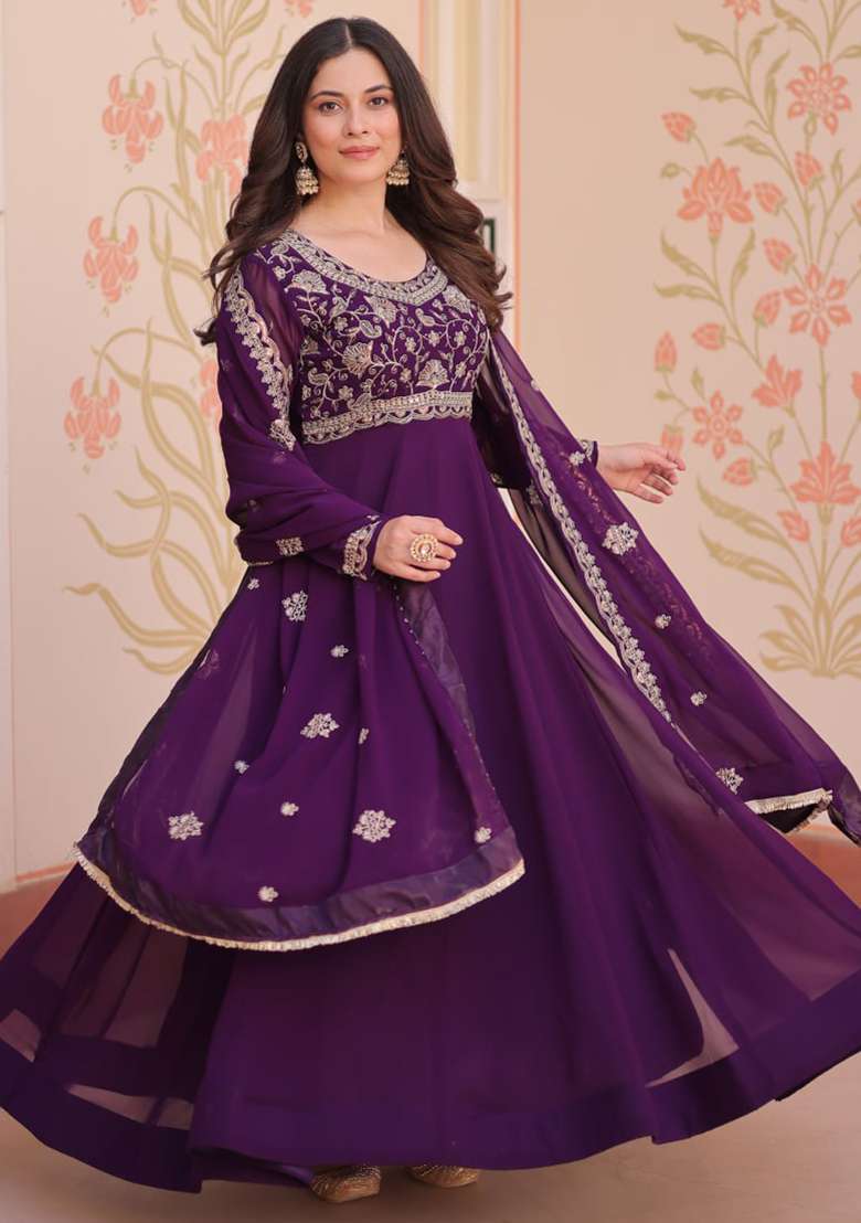 Wine Embroidered Faux Blooming Gwon Set - Indya