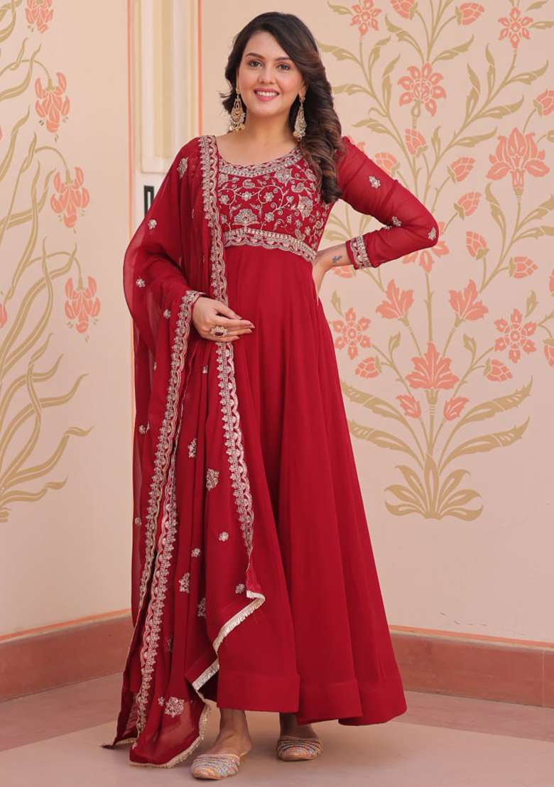 Red Embroidered Faux Blooming Gwon Set - Indya