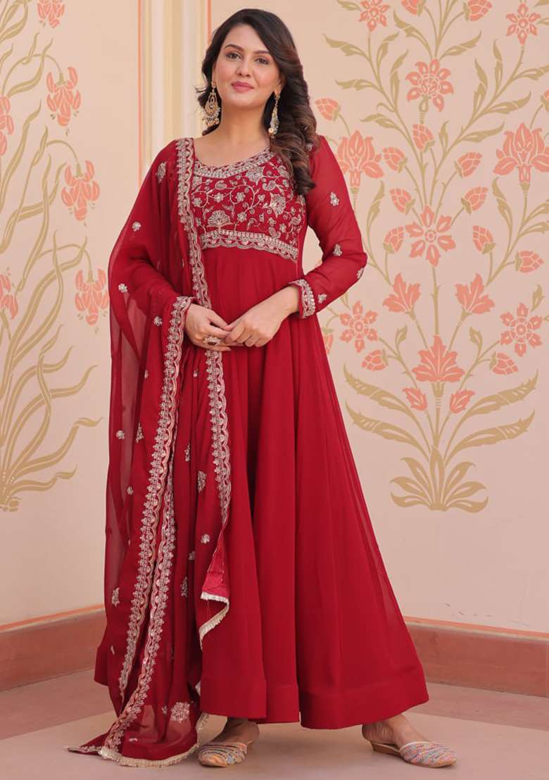 Red Embroidered Faux Blooming Gwon Set - Indya