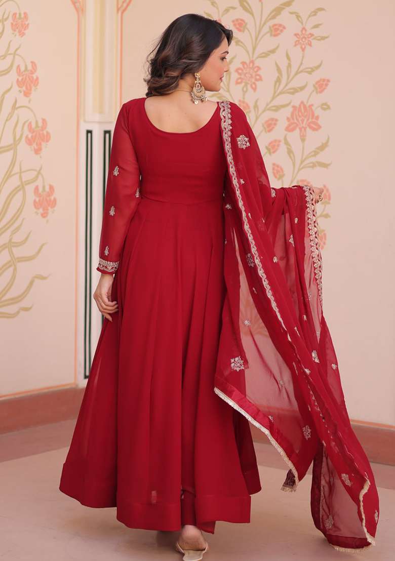 Red Embroidered Faux Blooming Gwon Set - Indya