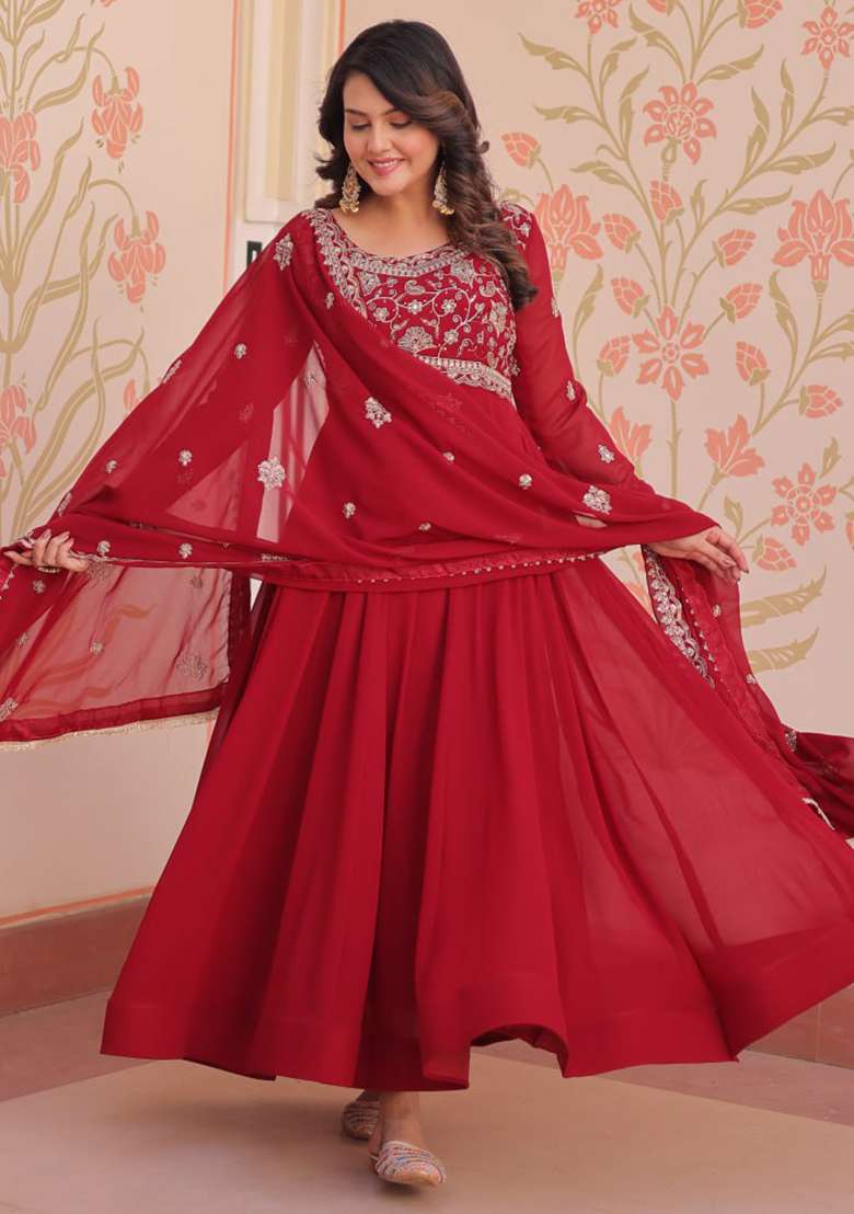 Red Embroidered Faux Blooming Gwon Set - Indya