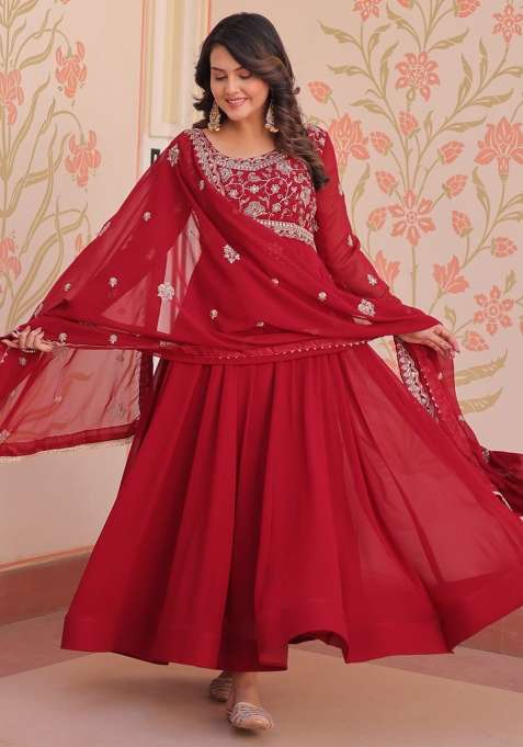 Buy Women Red Embroidered Faux Blooming Gwon Set - XLH56155 - Eid ...