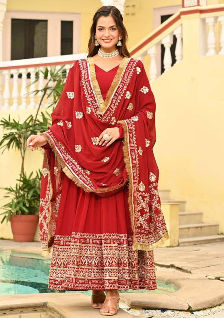 Red Embroidered Faux Blooming Gwon Set - Indya