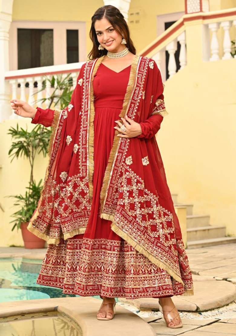 Red Embroidered Faux Blooming Gwon Set - Indya