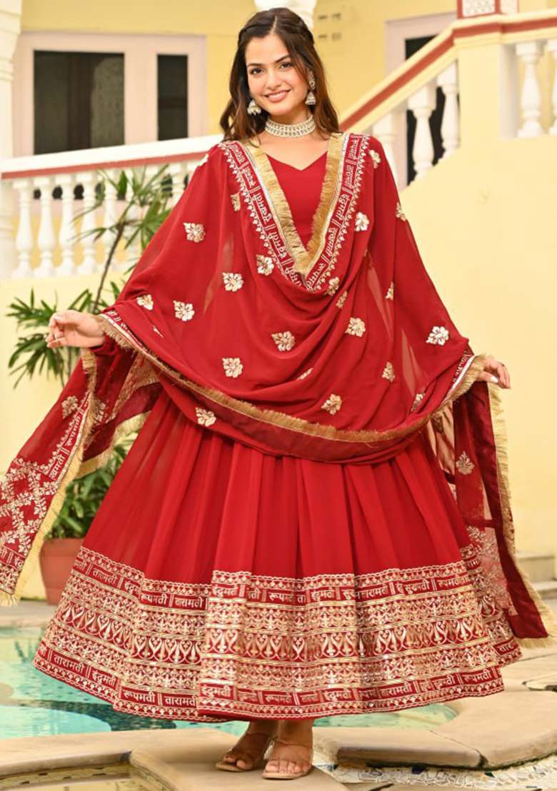 Red Embroidered Faux Blooming Gwon Set - Indya