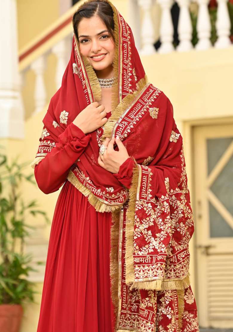 Red Embroidered Faux Blooming Gwon Set - Indya