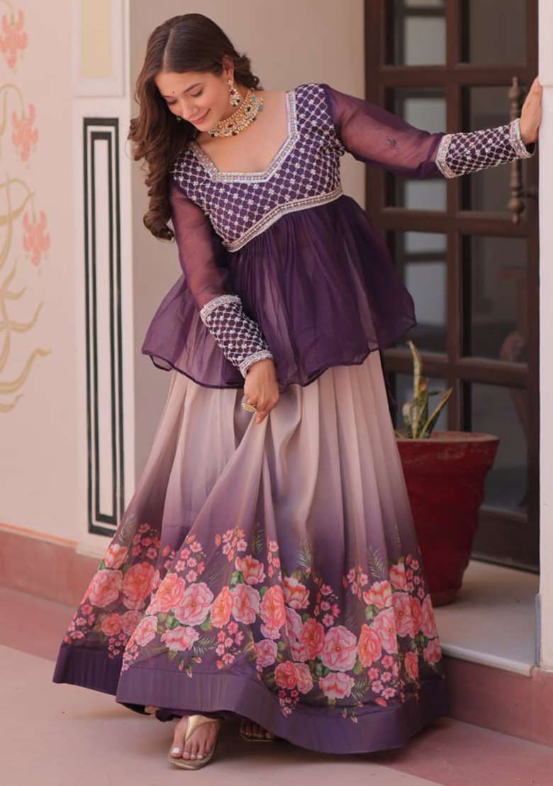 Purple Cosmos Lehenga Set with Embroidered for Diwali | Wedding & Festive Wear - Indya