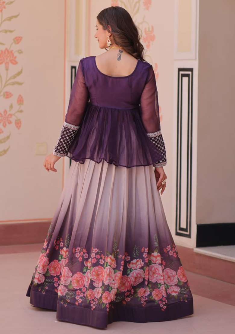 Purple Cosmos Lehenga Set with Embroidered for Diwali | Wedding & Festive Wear - Indya