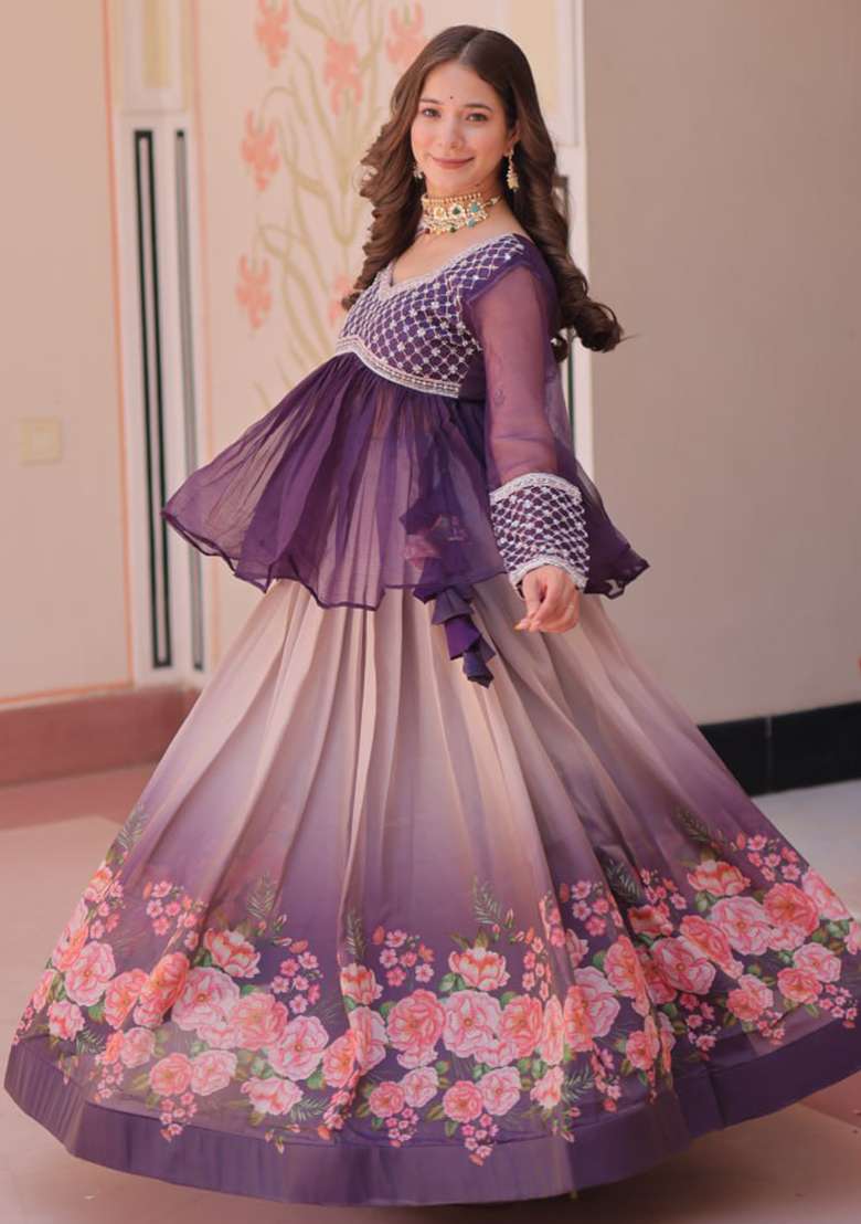 Purple Cosmos Lehenga Set with Embroidered for Diwali | Wedding & Festive Wear - Indya