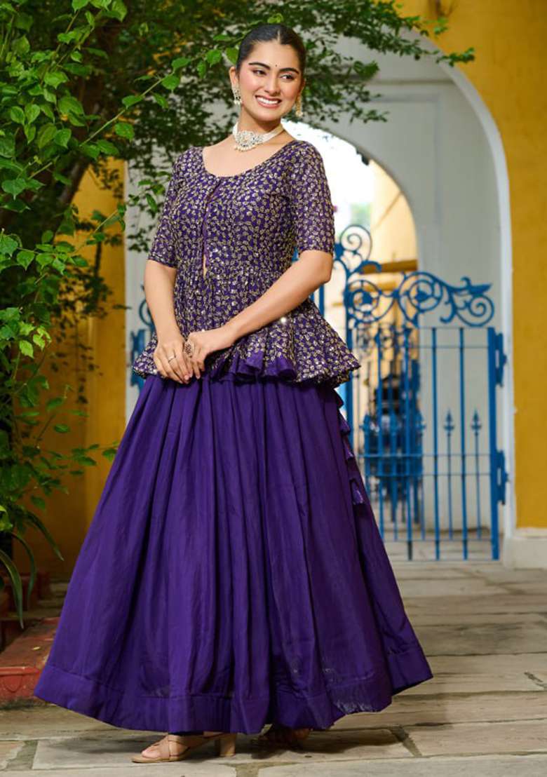 Wine Embroidered Fendy Chaniya Choli Set For Navratri And Garba for Diwali | Wedding & Festive Wear - Indya