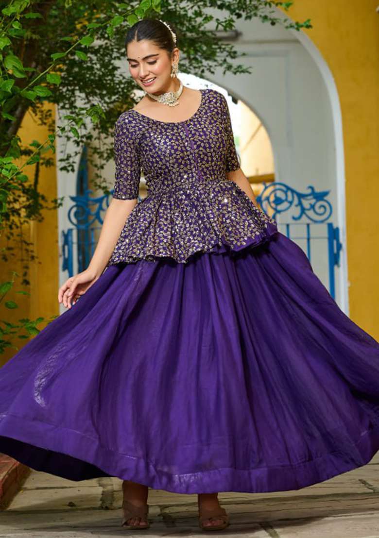 Wine Embroidered Fendy Chaniya Choli Set For Navratri And Garba for Diwali | Wedding & Festive Wear - Indya