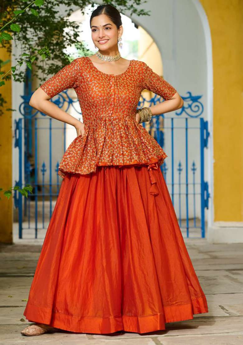Orange Embroidered Fendy Chaniya Choli Set For Navratri And Garba for Diwali and Festive Wear - Indya