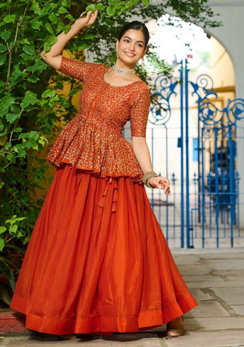 Orange Embroidered Fendy Chaniya Choli Set For Navratri And Garba for Diwali and Festive Wear - Indya