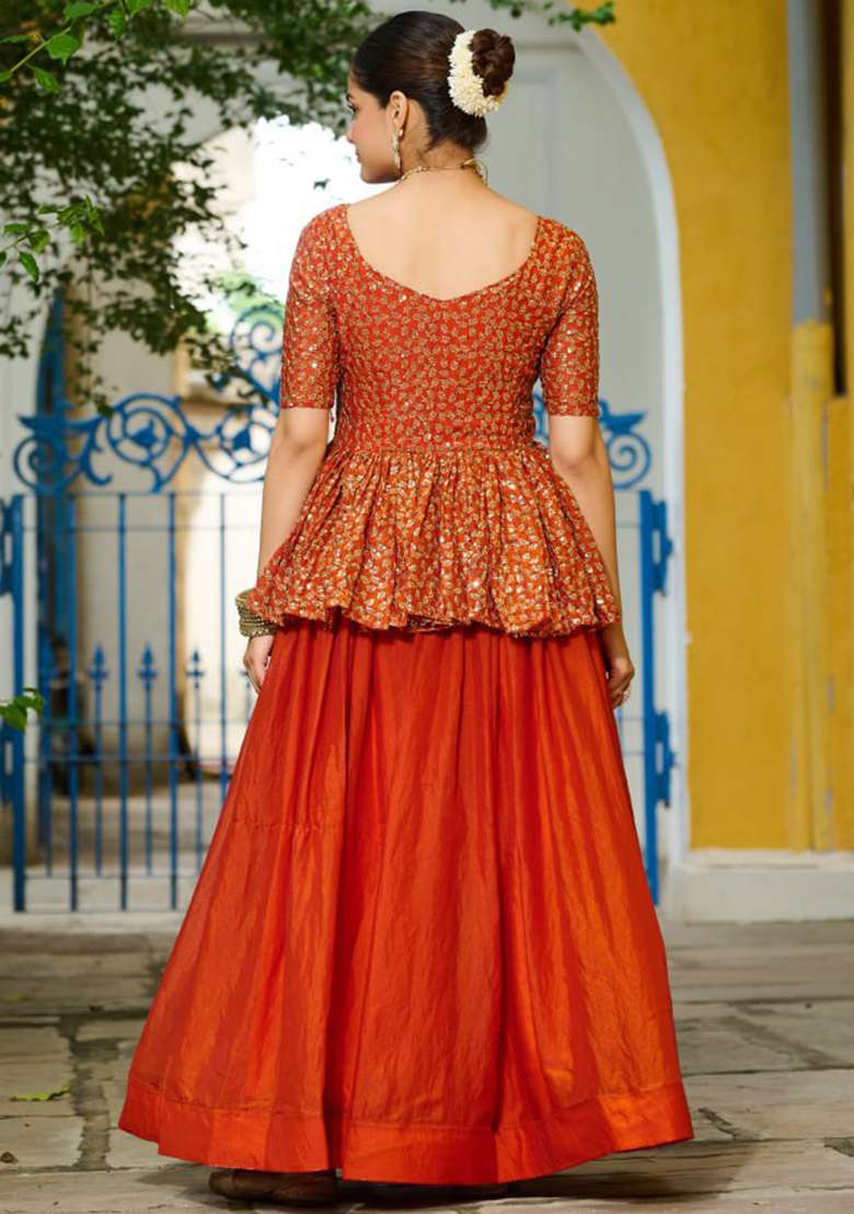 Orange Embroidered Fendy Chaniya Choli Set For Navratri And Garba for Diwali and Festive Wear - Indya