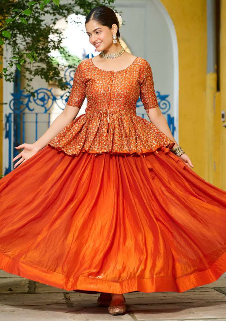 Orange Embroidered Fendy Chaniya Choli Set For Navratri And Garba for Diwali and Festive Wear - Indya