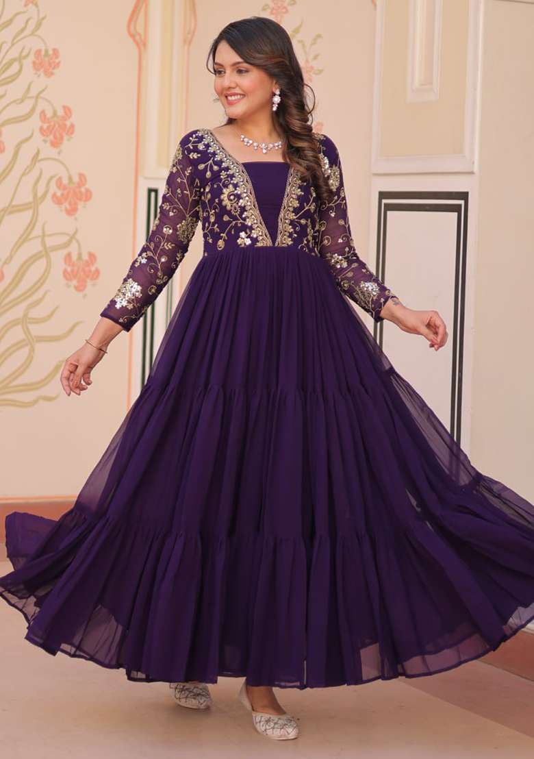 Purple Embroidered Faux Blooming Gwon Set - Indya