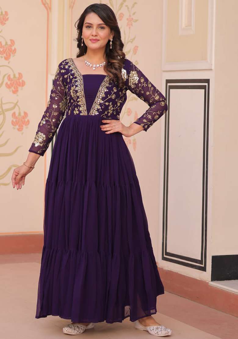 Purple Embroidered Faux Blooming Gwon Set - Indya