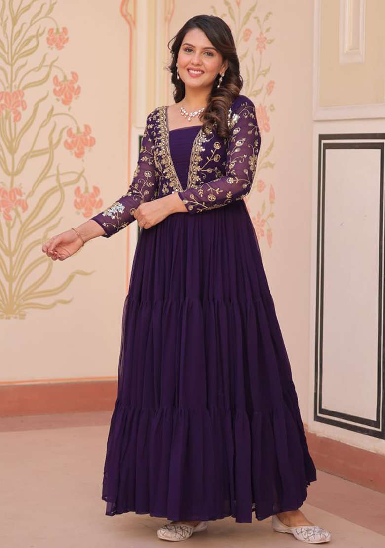 Purple Embroidered Faux Blooming Gwon Set - Indya