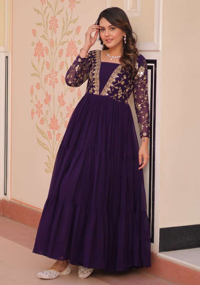 Purple Embroidered Faux Blooming Gwon Set - Indya