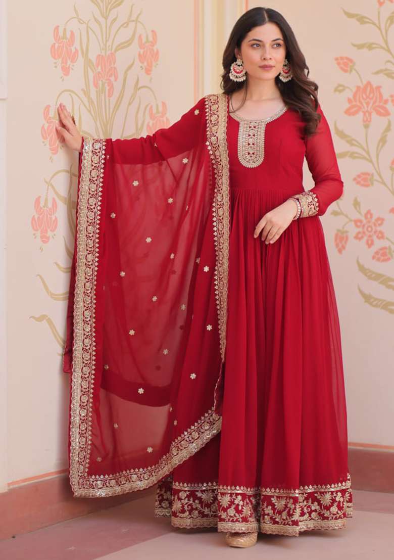 Maroon Embroidered Faux Blooming Gwon Set - Indya