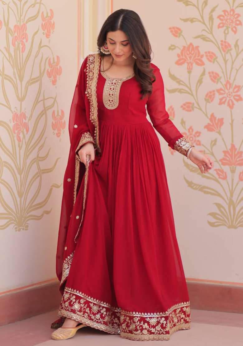 Maroon Embroidered Faux Blooming Gwon Set - Indya