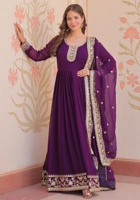 Purple Embroidered Faux Blooming Gwon Set