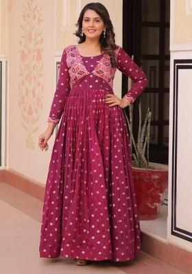 Wine Embroidered Staple Jequard Gwon Set