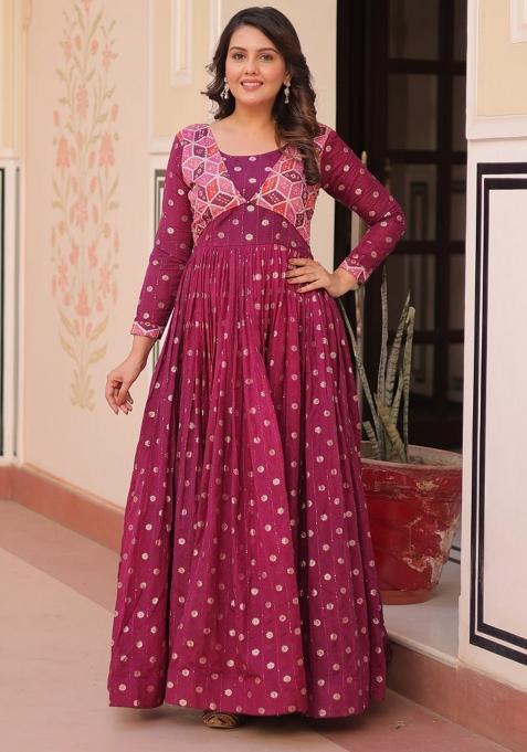 Wine Embroidered Staple Jequard Gwon Set