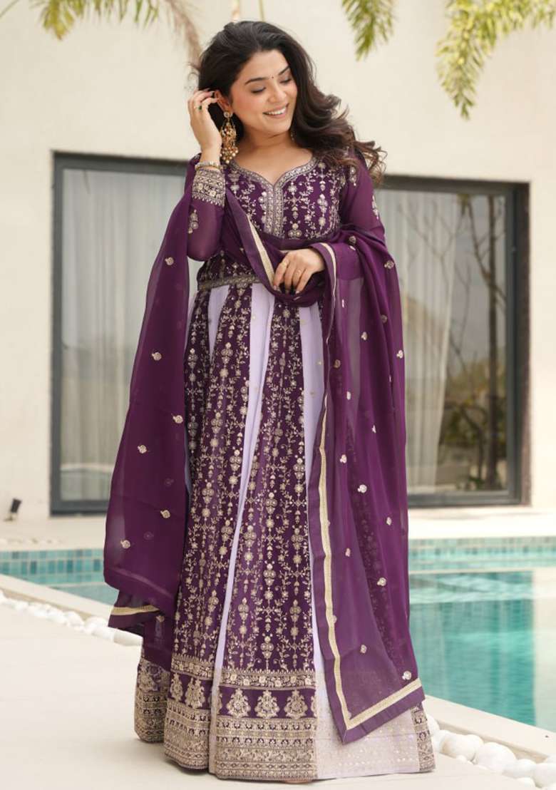 Wine Embroidered Faux Blooming Gwon Set - Indya
