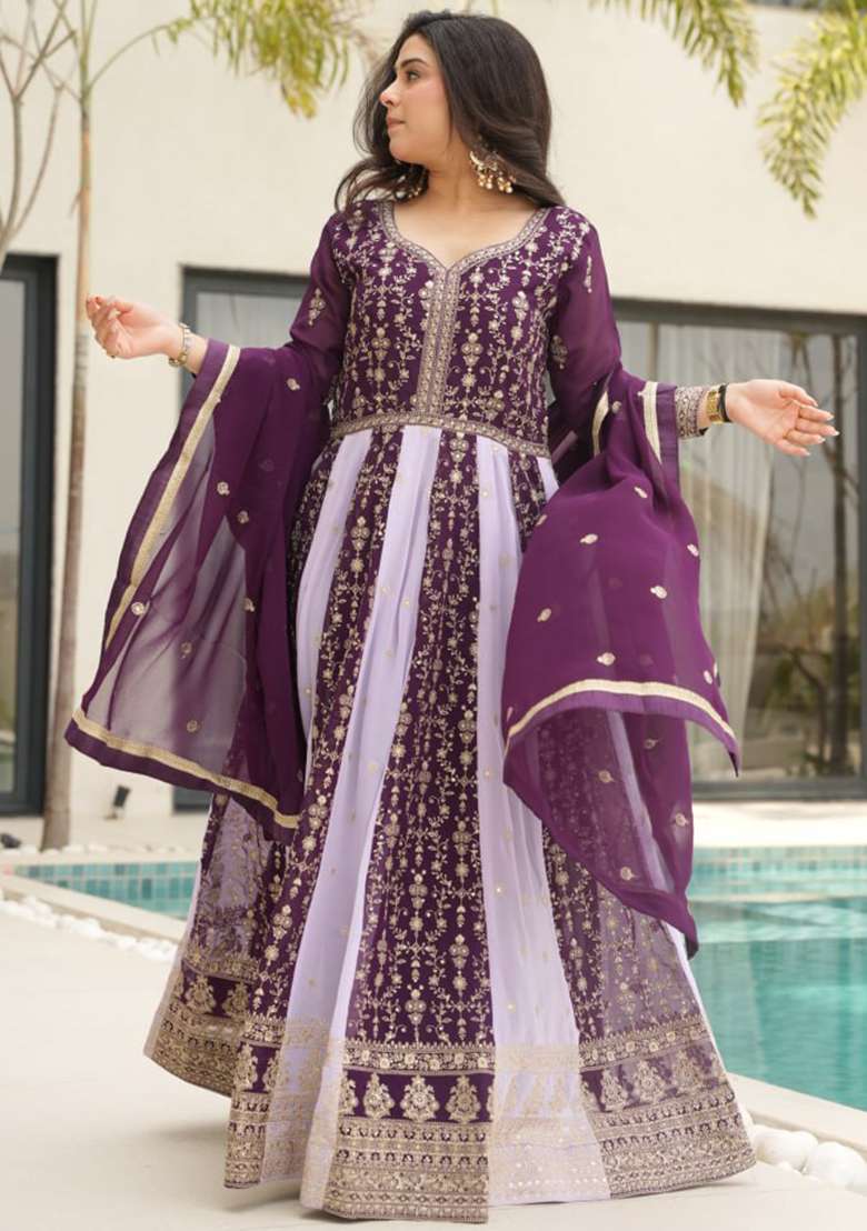 Wine Embroidered Faux Blooming Gwon Set - Indya