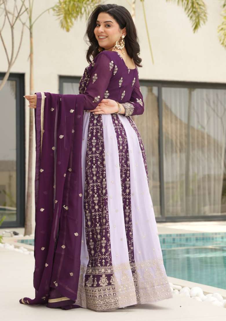 Wine Embroidered Faux Blooming Gwon Set - Indya