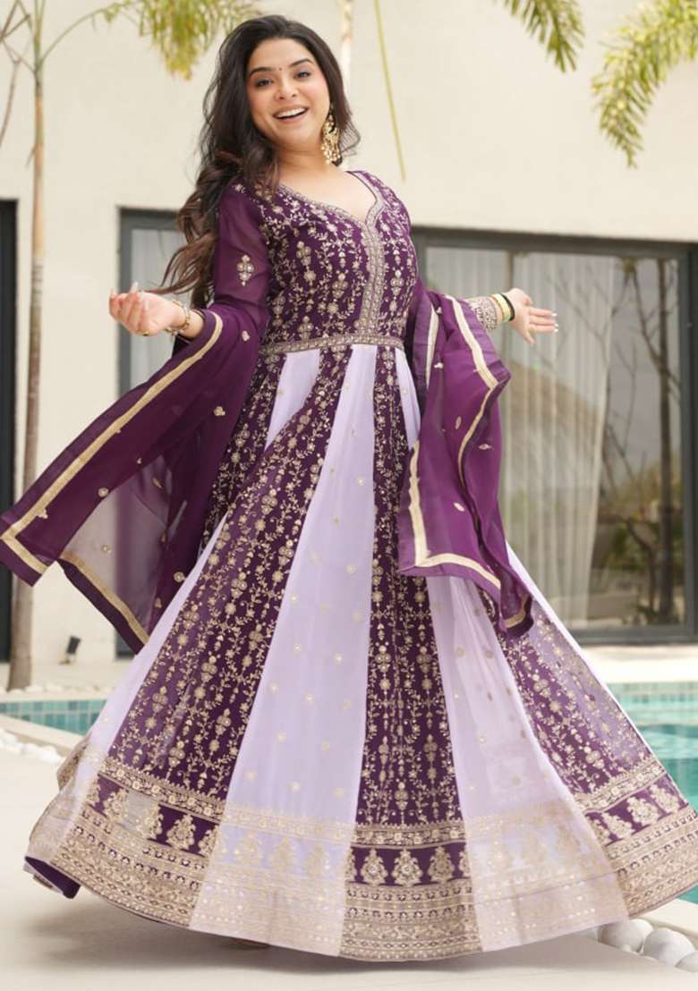 Wine Embroidered Faux Blooming Gwon Set - Indya