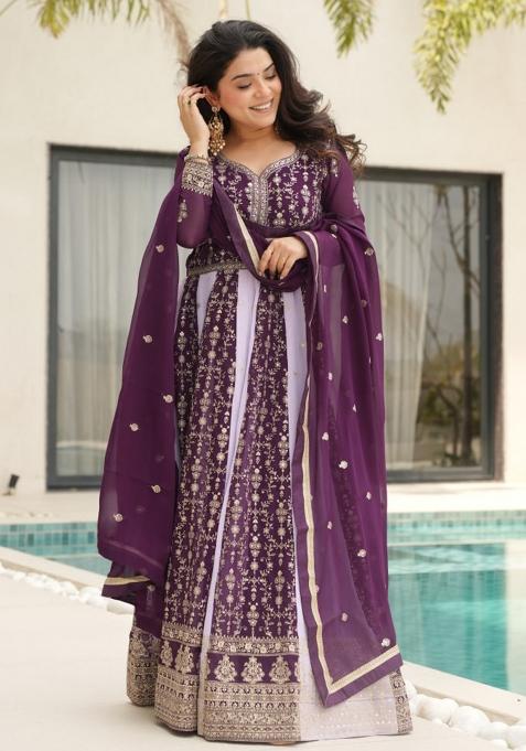 Wine Embroidered Faux Blooming Gwon Set