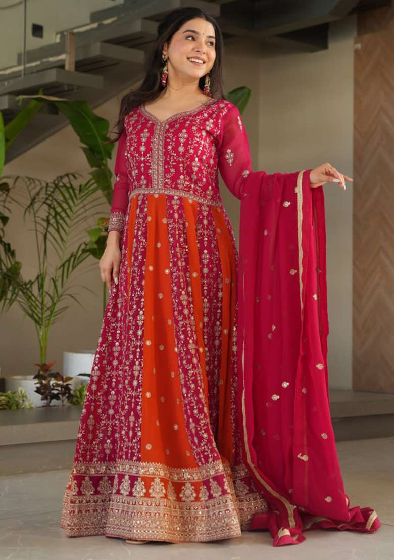 Pink Embroidered Faux Blooming Gwon Set - Indya