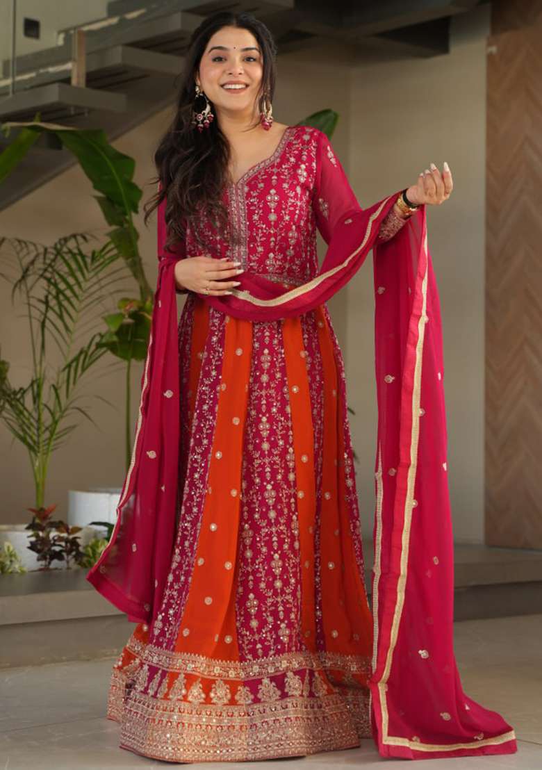Pink Embroidered Faux Blooming Gwon Set - Indya